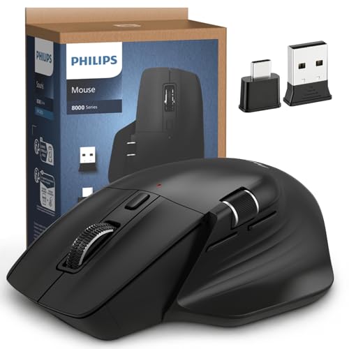 PHILIPS Ergonomic Wireless Mouse, Multi-Device Bluetooth (USB-A/C) for Laptop & Mac/PC, Silent Productivity Mouse with Side Scroll, 5-Level DPI Rechargeable Computer Mouse, Right-Handed Comfort - color: Black