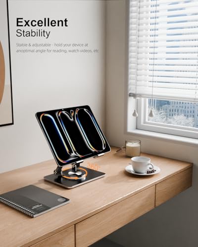Orlian Tablet Stand Holder with Thickened 360°Rotating Base Dual Rod Adjustable 5.8-12.9”Aluminum Stand - color: Black