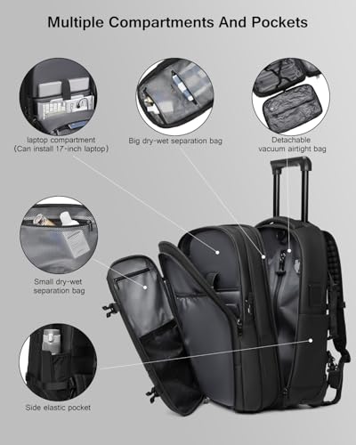 Vacuum Rolling Backpack with Integrated Pump, 60L Vacuum Backpack for Travel with Wheels, TSA Lock and Charging Port, Vacuum Compression Expandable Backpack for 17.3'' Laptop, Business & Long Trips
