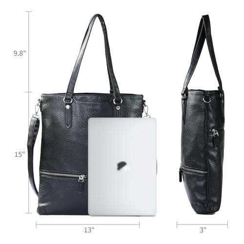 Lassviin Laptop Tote Bag, Leather Work Tote for Computer Bag Waterproof Lightweight Shoulder Bag Purse Handbag Crossbody Bag - color: Black - Medium