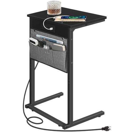 HOOBRO C Shaped End Table with Charging Station, 28" H Couch Side Table Slide Under, Sofa Arm Tray Table with Storage Bag for Living Room, Recliner, Black BB70USF01 - color: Black