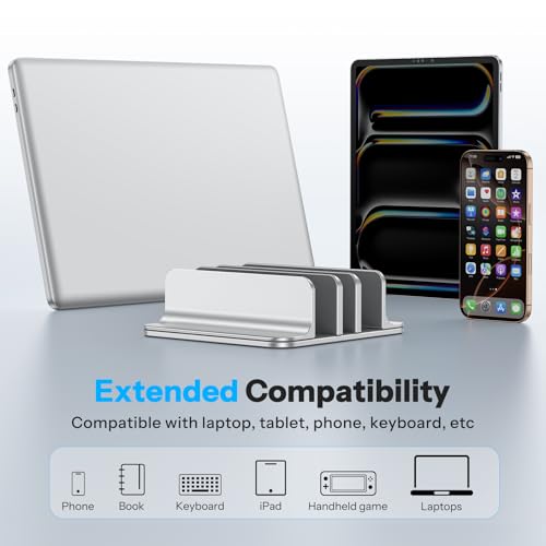 OMOTON 3-Slot Multiple Vertical Laptop Stand, Fits MacBook, Bright Silver | Adjustable Width 0-1.38", Aluminum Office Space-Saving for Desk, Fits MacBook/Book/iPad Up to 17.3in - color: Three Slots-Bright Silver