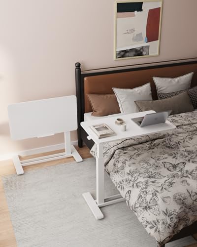 FLEXISPOT H7 PRO 90° Tiltable Mobile Overbed Table with Pneumatic Lift,28'' | Full foldable bedside table with adjustable desktop for laptop, Rolling Computer Cart and bed sofa.27.6" W x 15.7" D,White - color: White, size: 28x16