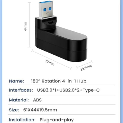 4-Port USB 3.0 Hub [90°/180° Degree Rotatable], USB Splitter with PD-in 5W USB C Port, USB Extender for Laptop, Car, iMac, MacBook Air, MacBook Pro, and More - style: USB 3.0 Hub