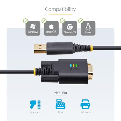 StarTech 3ft USB to Serial Adapter Cable, FTDI (1P3FFCB-USB-SERIAL) | USB-A to DB9 RS232, Interchangeable DB9 Screws Nuts, COM Retention, LED Indicators - size: 3.3ft