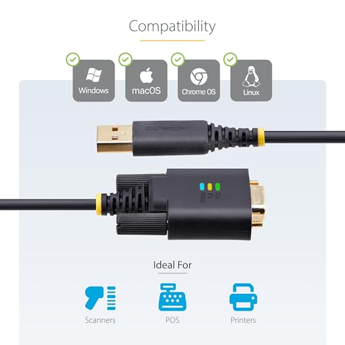 StarTech 10ft USB to Serial Adapter Cable, FTDI IC (1P10FFC-USB-SERIAL) | USB-A to DB9 RS232, Interchangeable DB9 Screws Nuts, COM Retention, LED Indicators - size: 10ft