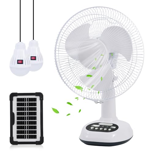 14400mAh Rechargeable Solar Powered Fan, AC DC Portable Camping PowerBank Fan ,12 Inch Oscillating Tabletop Fan with Led Night Light for Home Office Outdoor Camping Tent Traving
