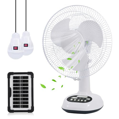 14400mAh Rechargeable Solar Powered Fan, AC DC Portable Camping PowerBank Fan ,12 Inch Oscillating Tabletop Fan with Led Night Light for Home Office Outdoor Camping Tent Traving