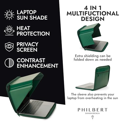 4-in-1 Laptop Screen Shade – Original Pro Sleeve – Built-In 4-in-1 Screen Shade, VeganHemp Leather, Sun, Privacy, Heat & Contrast Protection, Fits 13” MacBook, Patented, Green | PHILBERT Danish Design - color: Green, size: 13in