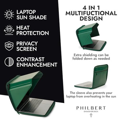 4-in-1 Laptop Screen Shade – Original Pro Sleeve – Built-In 4-in-1 Screen Shade, VeganHemp Leather, Sun, Privacy, Heat & Contrast Protection, Fits 14” MacBook, Patented, Green | PHILBERT Danish Design - color: Green, size: 14in