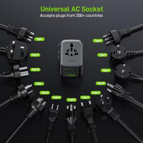 Epicka Pulse Duo 65W Universal Travel Adapter PD/QC 3.0, 2AC/2USB-C/2USB-A | International Power Adapter for EU/US/UK/AU, Fast-Charging for Multi-Device Use, Black - style: Pulse Duo 65W Black