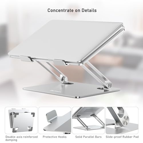 BoYata Laptop Stand, Adjustable Aluminum Riser for 15-Inch Laptops, Silver | Slide-proof silicone pads and protective hooks provide stable support for MacBook, notebooks and laptops up to 15 inches - color: Silver-2