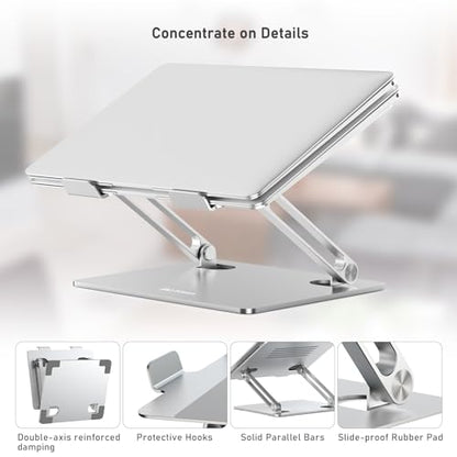 BoYata Laptop Stand, Adjustable Aluminum Riser for 15-Inch Laptops, Silver | Slide-proof silicone pads and protective hooks provide stable support for MacBook, notebooks and laptops up to 15 inches - color: Silver-2