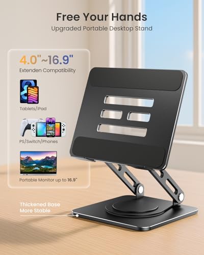 LOXP Adjustable Tablet Stand, 360 Rotating iPad Stand with Heavy-Duty Base | Matel, Perfect for Travel, Desk, Office, 4.7-16.9" Device, iPad Pro Air Mini, Kindle, Surface Tablet, Portable Monitors - color: Black