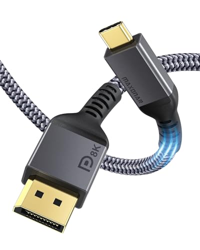 Maxonar VESA Certified USB C to DisplayPort 1.4 Cable (8K@60Hz/4K@144Hz) | 32.4Gbps Uni-Directional Adapter Nylon Build HDCP, G-Sync for iPhone 17/16,MacBook Pro/Air,Odyssey G8/G9- 6.6FT/2M - Grey - size: 6.6FT