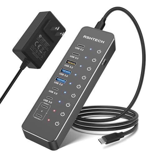 RSHTECH 10-Port Powered USB C Hub 66W with 3x10Gbps USB-3.2 Data Ports (2C + 1A), 4 USB 3.0 Ports (2C + 2A), 2 USB-C PD 45W Charging Ports and PD 100W, USB Expander Splitter for Laptop, RSH-ST10P