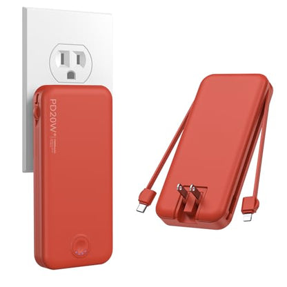 Nusyddy Portable Charger 10000mAh Fast Charging w/Built-in Wall Plug Red | PD20W Fast Charging, LED Indicator, Pass Through Charging, TSA Approved, Compact/Slim, Power Bank for iPhone/iPad/Samsung - color: Red