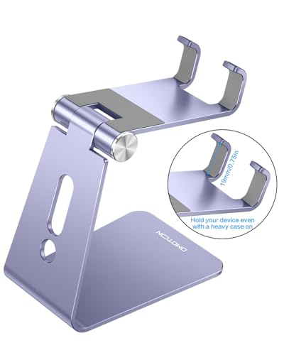 OMOTON Adjustable Cell Phone Stand, C2 Aluminum Desktop Cellphone Stand with Anti-Slip Base and Convenient Charging Port, Fits All Smart Phones, Haze Purple | Sturdy 3mm Aluminum, Charging Port, 270° Adjustable, Non-Slip Silicone Pads, Works with Thick Ca