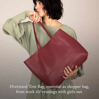 Italian Leather Tote Bag for Women - Large Shoulder Shopper, Fits 16” Laptop, Keychain Holder, Made in Italy - color: Burgundy