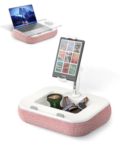 Viozon Kindle Pillow Stand Holder, Phone Holder for Bed, Laptop Lap Desk with Mouse Pad,Compatible with 4.7-13" Kindle/Tablet/Phone,10-15" Laptop, Snack Bowl&Cup Attachment&Detachable 360° Stand Arm,P - color: Pink