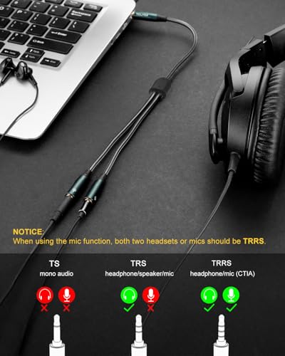 Headphone Splitter (4 Feet) 3.5mm TRRS Male to Two TRRS Female Adapter Compatible with 2 Audio and Microphone Headsets to PC, Laptop, Android, Windows, Smartphones - size: 4 Feet