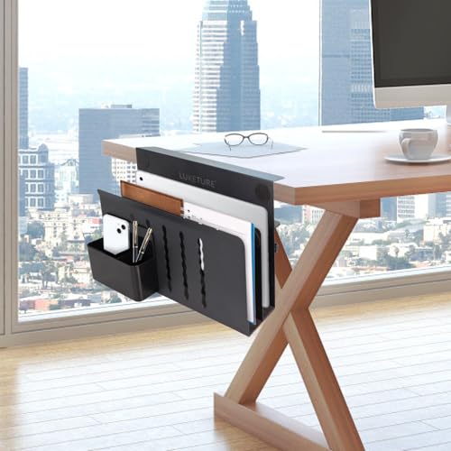 LUKETURE 2 Tier Desk Side Storage, No Drill Laptop Mount with Pen Holder | Fits Flat Edge Desks 0.3 to 2.8 Inches,Secure Grip on Wood, Glass, or Metal Surfaces Without Slipping - color: Black(2 Tie)