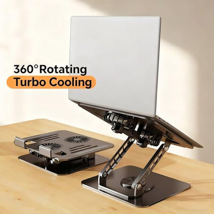 Selbst Laptop Stand for Desk with Quiet Cooling Fans - 360 Rotating Base Ergonomic Computer Stand, Aluminum Laptop Riser Foldable Protable for Office Home fits MacBook Air Pro, Dell, HP (10-17.3'') - color: black