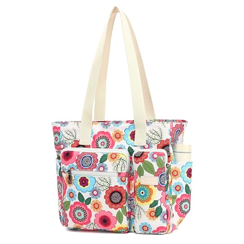 Women Tote Bag With Muti-Pockets,Lightweight Shoulder Bag,Large Capacity Handbag for Travel, Work, Gym - color: Red Flowers