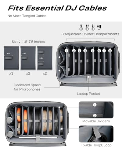 AUROTIER Large Rolling DJ Cable Bag with Wheels, Reinforced Padded Gig Bag with 8 Detachable Divider, Multi-Pocket for 17" Laptop, Microphone, Cord, Headset & Music Accessories