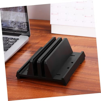 Adjustable Laptop Stand Dual Slots Vertical Tablet Holder for Desk Organization Padded Protection Space Optimization for Laptops Tablets and Phones Black