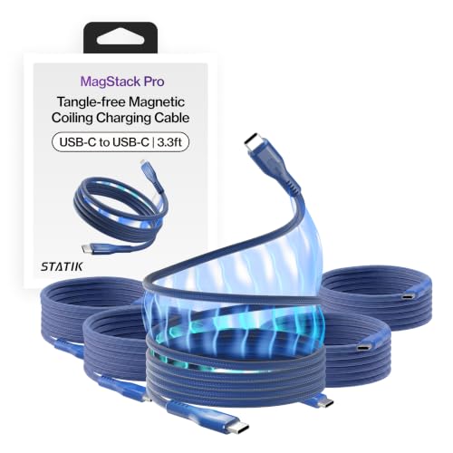 Statik MagStack Pro USB C to USB C Coiling Magnetic Charging Cable,100W | Nylon Braided Tangle-Free Design, Magnetic Coiling, Data Transfer, Compatible with iPhone & Android, 3FT Navy, 5 Pack - color: Navy, size: 3ft (5 Pack), style: USB-C to USB-C