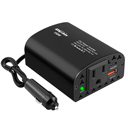 150W Car Power Inverter DC 12V to 110V AC Car Adapter for Plug Outlet with PD 25W &QC3.0 USB Ports Car Charger Adapter