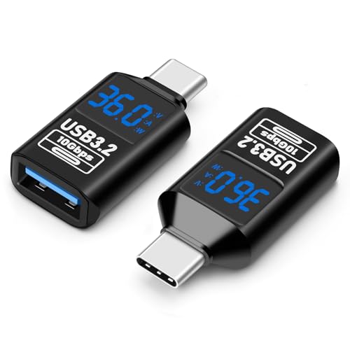 USB 3.2 Digital Display USB C Male to USB-A Female OTG Adapter 10Gbps, Real-time Power Monitoring, Up to 36W Fast Charging Compatible with Laptop, Power Bank and More USB-A Devices (2 Pack) - style: AY-Cm-Af-dd-bk