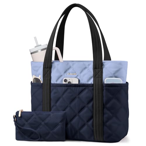 LOVEVOOK Puffer Tote Bag for Women, Puffy Work Handbag with Cup Holder, Travel Carry On Bag with Zipper for Teacher Nurse Gym - color: Navy Ink-dusty Blue-black, size: 15.6 Inch-27L