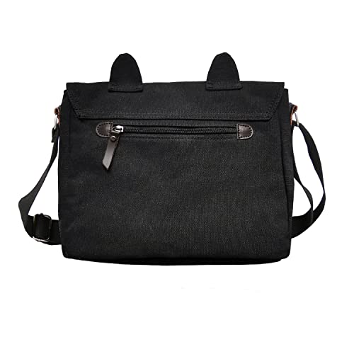 Canvas Cute Cat Kitty Messenger Bag Girls Crossbody Bag Shoulder Bag Cute Satchel School Bag - color: Black