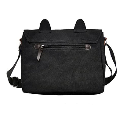Canvas Cute Cat Kitty Messenger Bag Girls Crossbody Bag Shoulder Bag Cute Satchel School Bag - color: Black