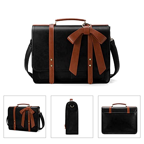 ECOSUSI Laptop Briefcase for Women Leather 15.6 inch | Large capacity shoulder bag, PU leather for college and daily work - color: Black & Brown