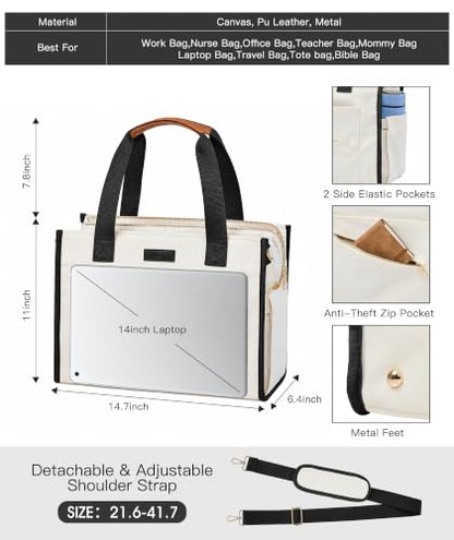 MeZQ Canvas Tote Bag for Women,14-Pockets Work Laptop Tote Large Office Crossbody | Teacher Nurse College with Strap & Zipper - color: White