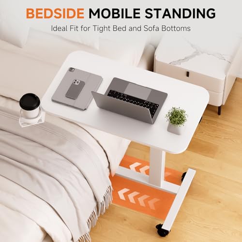 COMHOMA Adjustable Overbed Bedside Table with Lockable Wheels, Pneumatic Mobile Standing Laptop Desk, Small Standing Desk Portable Rolling Overbed Table Hospital Home Use(28" W x 16" D, White) - color: White, size: Small