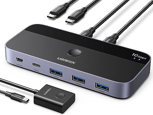 UGREEN USBC Switch 2 Computers Share 4 USB 3.2 Ports, 10Gbps Switcher Selector for PC Laptop Keyboard Mouse, Sharing Switch Adapter with 2 USB-C to C Data Cables and Remote
