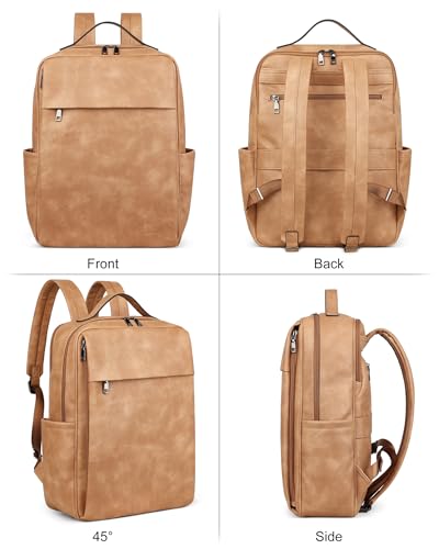 MASINTOR 15.6 inch PU Leather Laptop Backpack Purse for Women | College Laptop Backpack, Spacious Main Compartment, Luggage Strap & Padded Sleeve, Ideal for Campus, Commute & Travel - color: Retro Camel