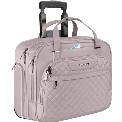 EMPSIGN Rolling Laptop Bag Women, Rolling Briefcase 15.6 Inch, Grey Pink | Water-Repellent, Airline Approved, Overnight Computer Bag, Rolling Briefcase with Wheels, Travel Business Work - color: Quilted Grey Pink