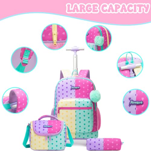Girls Rolling Backpack with Lunch Box School Backpacks with Wheels 16.5" Roller Backpack for Girls, 3pcs Kids Wheeled Bookbag for Elementary School - color: Duoseaixin