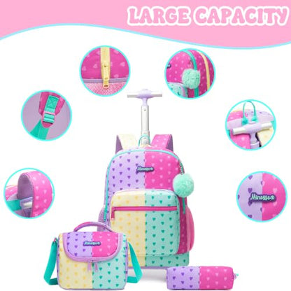 Girls Rolling Backpack with Lunch Box School Backpacks with Wheels 16.5" Roller Backpack for Girls, 3pcs Kids Wheeled Bookbag for Elementary School - color: Duoseaixin