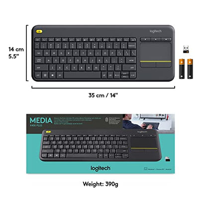 Logitech K400 Plus Wireless Touch TV Keyboard with Easy Media Control and Built-in Touchpad, HTPC Keyboard for PC-Connected TV, Windows, Android, ChromeOS, Laptop, Tablet - Black