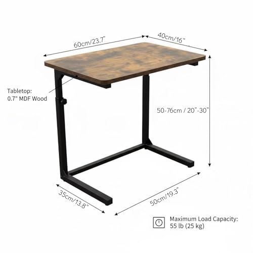 Height Adjustable C-Shaped Sofa Side Table, Laptop Table for Couch & Bed, Rustic Brown - color: Rustic Brown