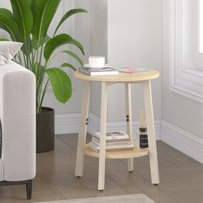 sthmec Side Table Set of 2, Small Round End Table with Storage Shelf for Small Space, 2-Tier Bedside Table Sofa Couch Table, Nighstands Set of 2 Accent Table for Living Room, Bedroom, Natural - color: Natural