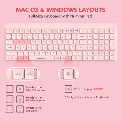 Pink Wireless Keyboard and Mouse Combo for Desktop Mac iPad Bluetooth 2.4 Ghz Rechargeable Slim Silent Click with Number Pad Compatible with Pc, Laptop, Tablet (Pink) - color: Pink