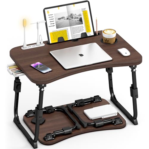 Lap Desk for Bed Adjustable Height, Foldable Bed Table with Storage Drawer, Tablet Slot & Cup Holder, Portable Laptop Stand for Bed & Sofa, Bed Desk for Adults & Kids, Walnut - color: Walnut