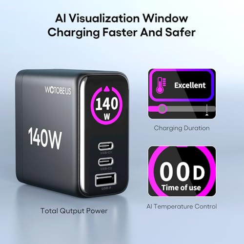 GaN Dual 140W USB C PD 3.1 Wall Charger with LED Display - PPS 100W 65W 45W 25W Type-C Laptop Power Adapter and Cable - Fit for MacBook Pro iPhone 17 16 15 iPad Galaxy S25 S24 Pixel - ETL